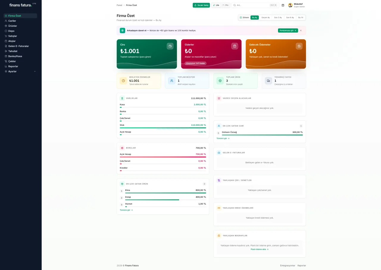Finans Fatura dashboard önizleme
